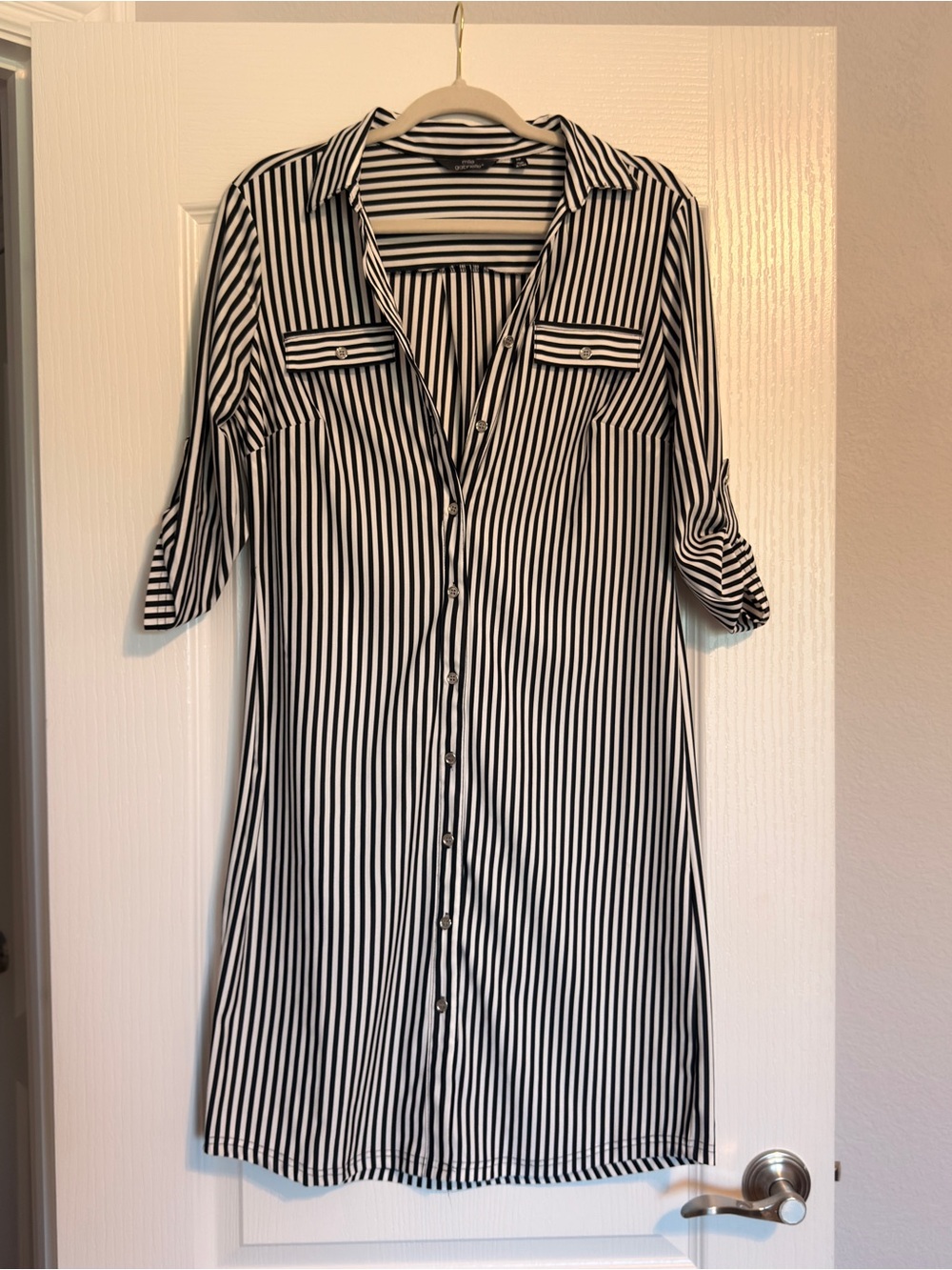 Mlle Gabrielle Black & White Vertical Stripe Button-Down Shirt Dress